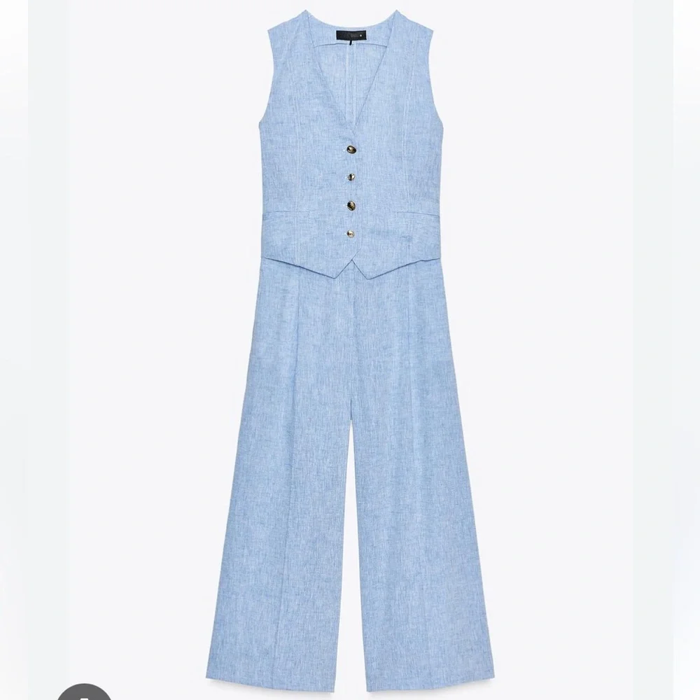 Zara NWT linen blend waistcoat jumpsuit blue 8461/789